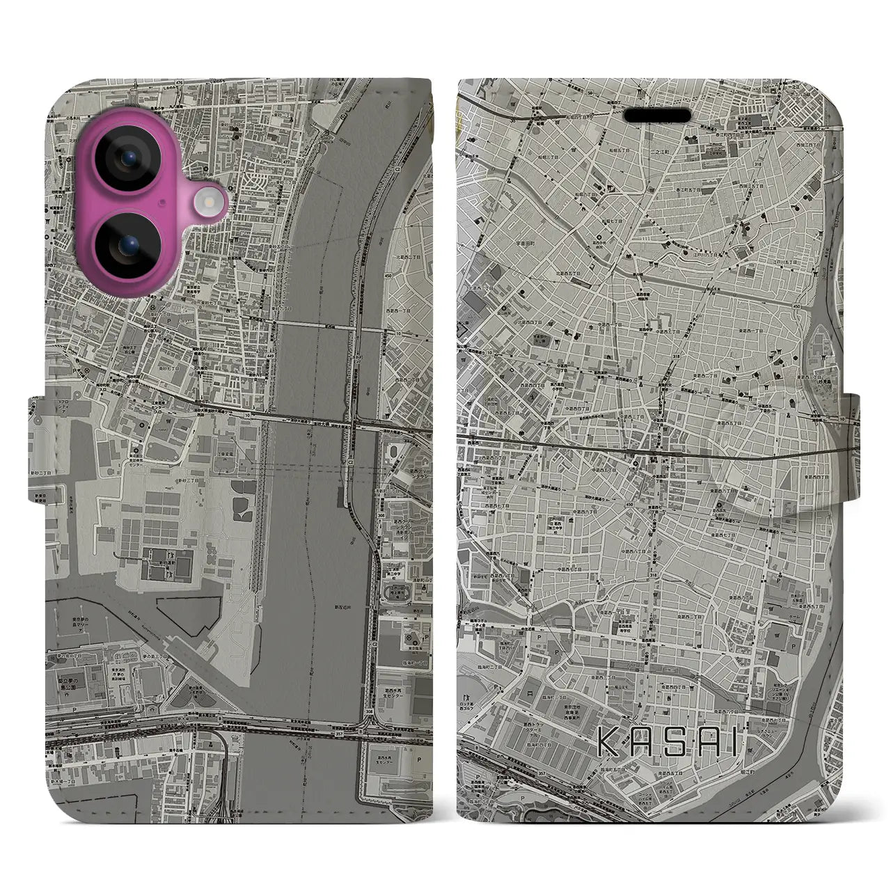 【葛西(東京都)】地図柄iPhoneケース(手帳タイプ)モノトーン・iPhone 16 Pro 用