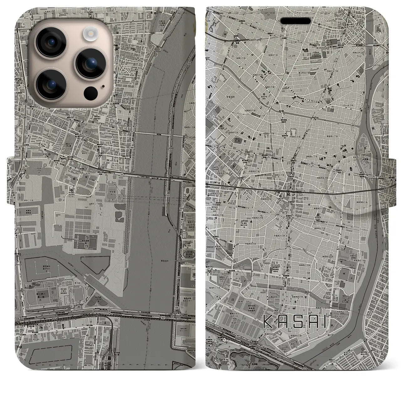 【葛西(東京都)】地図柄iPhoneケース(手帳タイプ)モノトーン・iPhone 16 Plus 用