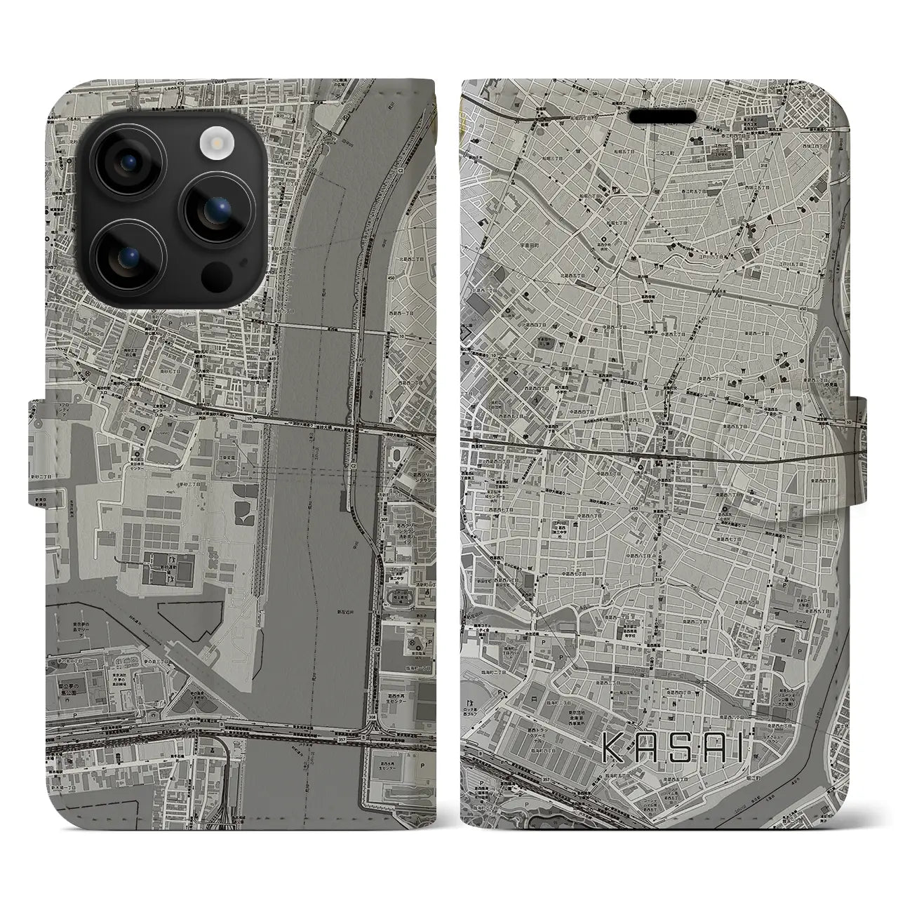 【葛西(東京都)】地図柄iPhoneケース(手帳タイプ)モノトーン・iPhone 16 用