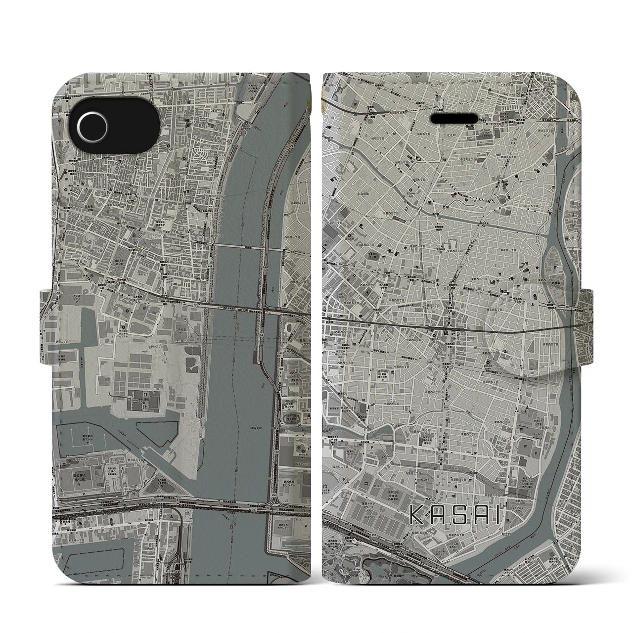 【葛西(東京都)】地図柄iPhoneケース(手帳タイプ)モノトーン・iPhone SE(第3 / 第2世代) / 8 / 7 / 6s / 6 用