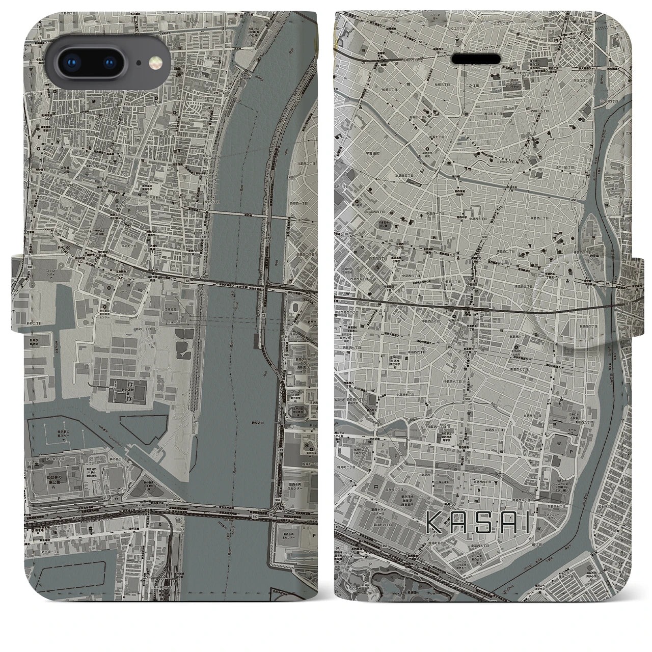 【葛西(東京都)】地図柄iPhoneケース(手帳タイプ)モノトーン・iPhone 8Plus /7Plus / 6sPlus / 6Plus 用