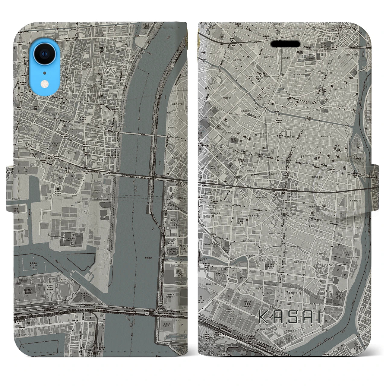 【葛西(東京都)】地図柄iPhoneケース(手帳タイプ)モノトーン・iPhone XR 用