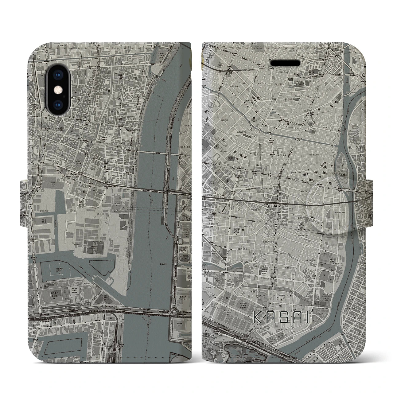 【葛西(東京都)】地図柄iPhoneケース(手帳タイプ)モノトーン・iPhone XS / X 用