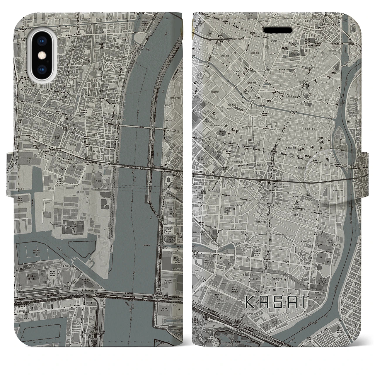 【葛西(東京都)】地図柄iPhoneケース(手帳タイプ)モノトーン・iPhone XS Max 用