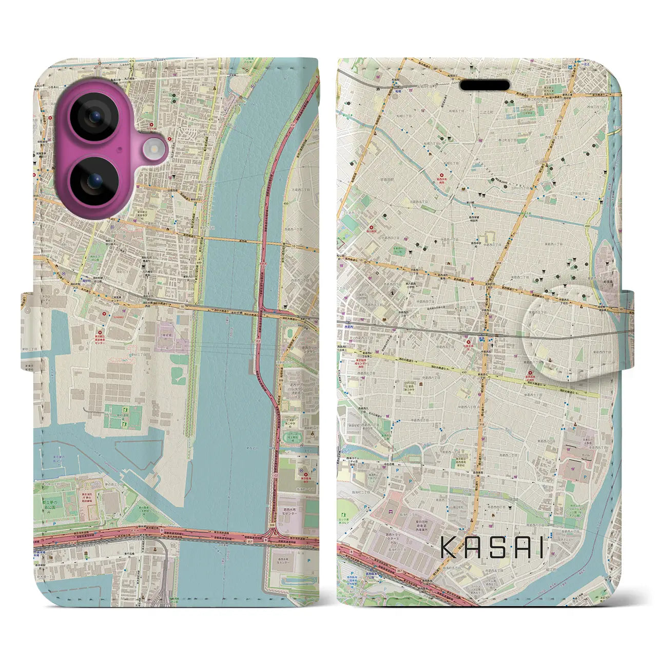 【葛西(東京都)】地図柄iPhoneケース(手帳タイプ)ナチュラル・iPhone 16 Pro 用