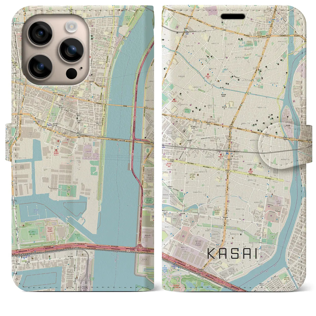 【葛西(東京都)】地図柄iPhoneケース(手帳タイプ)ナチュラル・iPhone 16 Plus 用