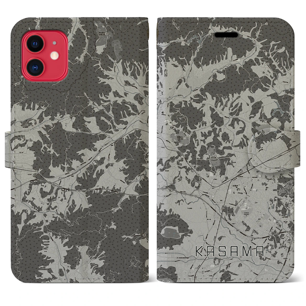 【笠間(茨城県)】地図柄iPhoneケース(手帳タイプ)モノトーン・iPhone 11 用