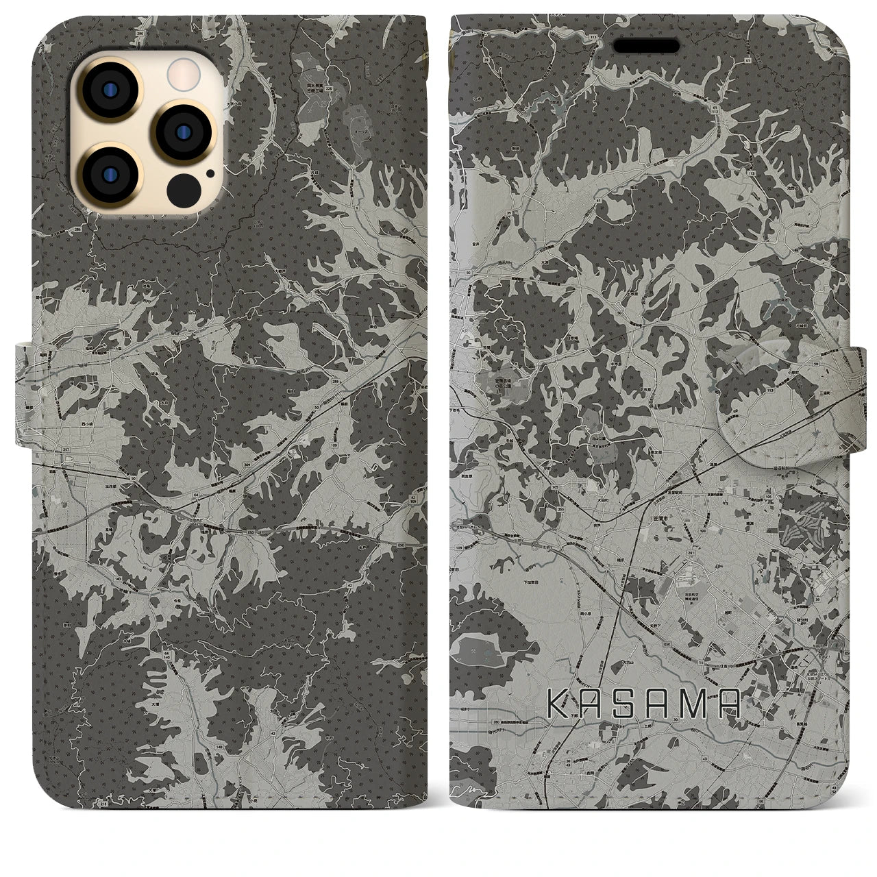 【笠間(茨城県)】地図柄iPhoneケース(手帳タイプ)モノトーン・iPhone 12 Pro Max 用