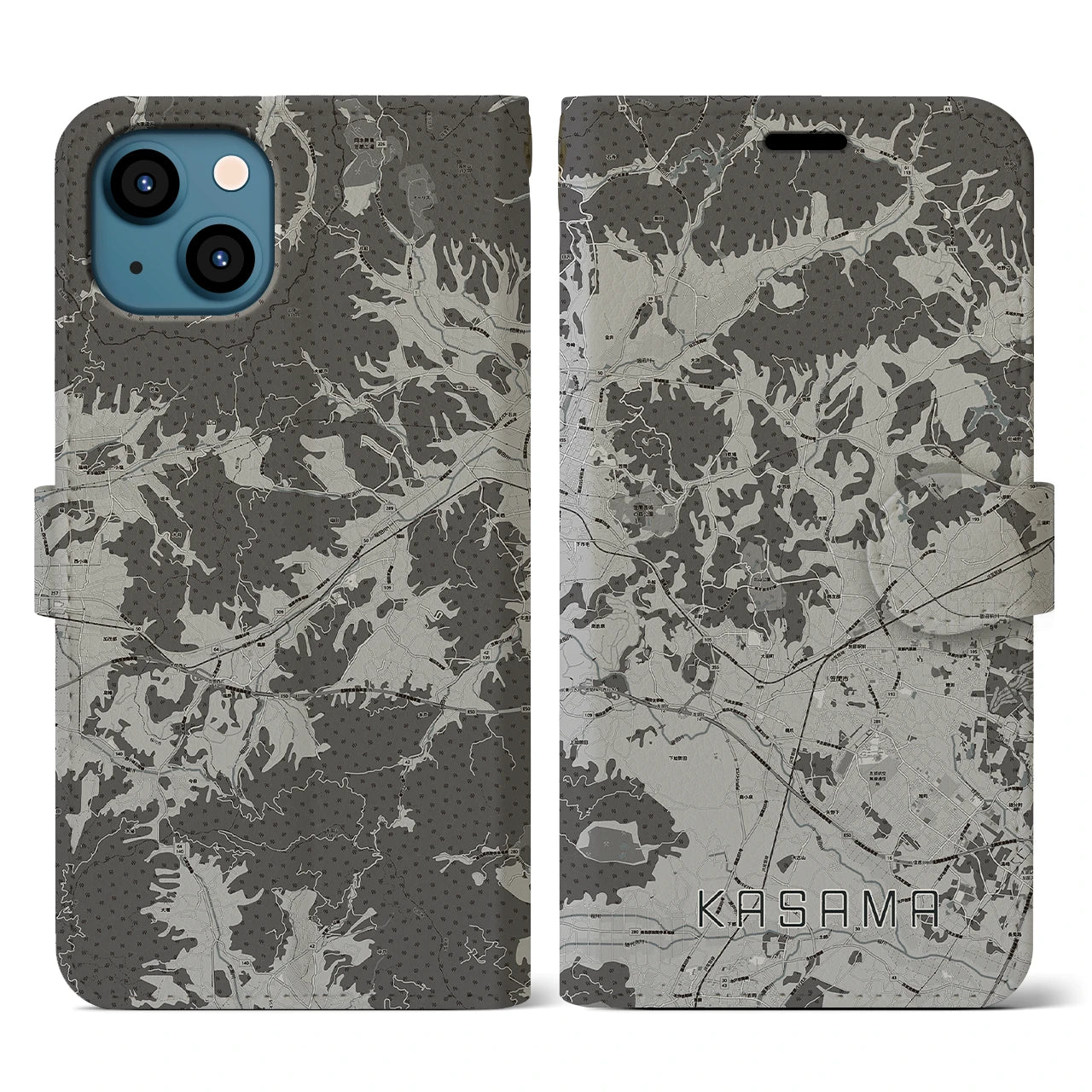 【笠間(茨城県)】地図柄iPhoneケース(手帳タイプ)モノトーン・iPhone 13 用