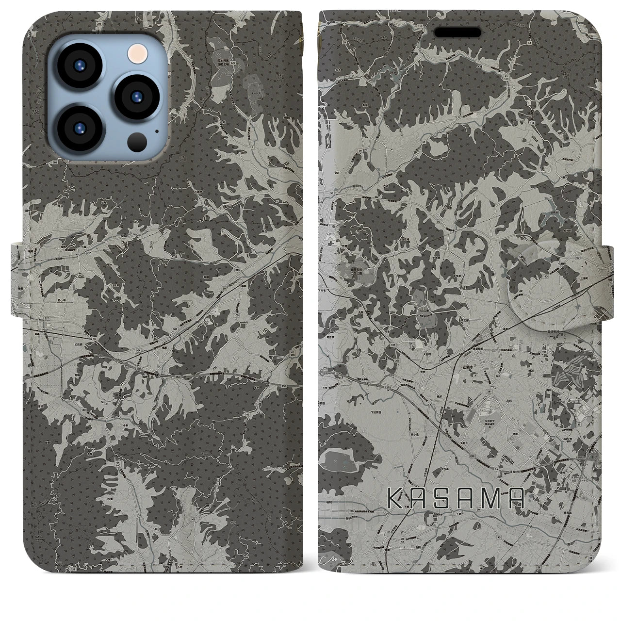 【笠間(茨城県)】地図柄iPhoneケース(手帳タイプ)モノトーン・iPhone 13 Pro Max 用
