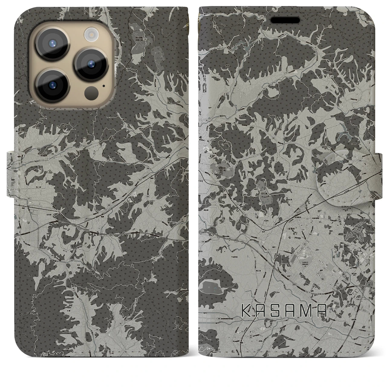 【笠間(茨城県)】地図柄iPhoneケース(手帳タイプ)モノトーン・iPhone 14 Pro Max 用