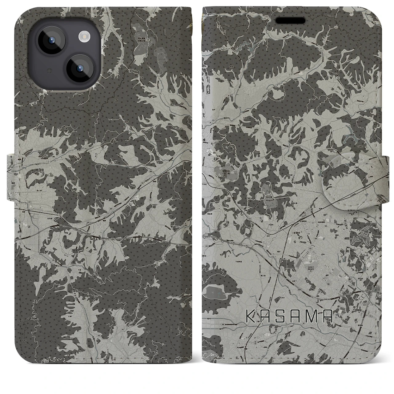 【笠間(茨城県)】地図柄iPhoneケース(手帳タイプ)モノトーン・iPhone 14 Plus 用