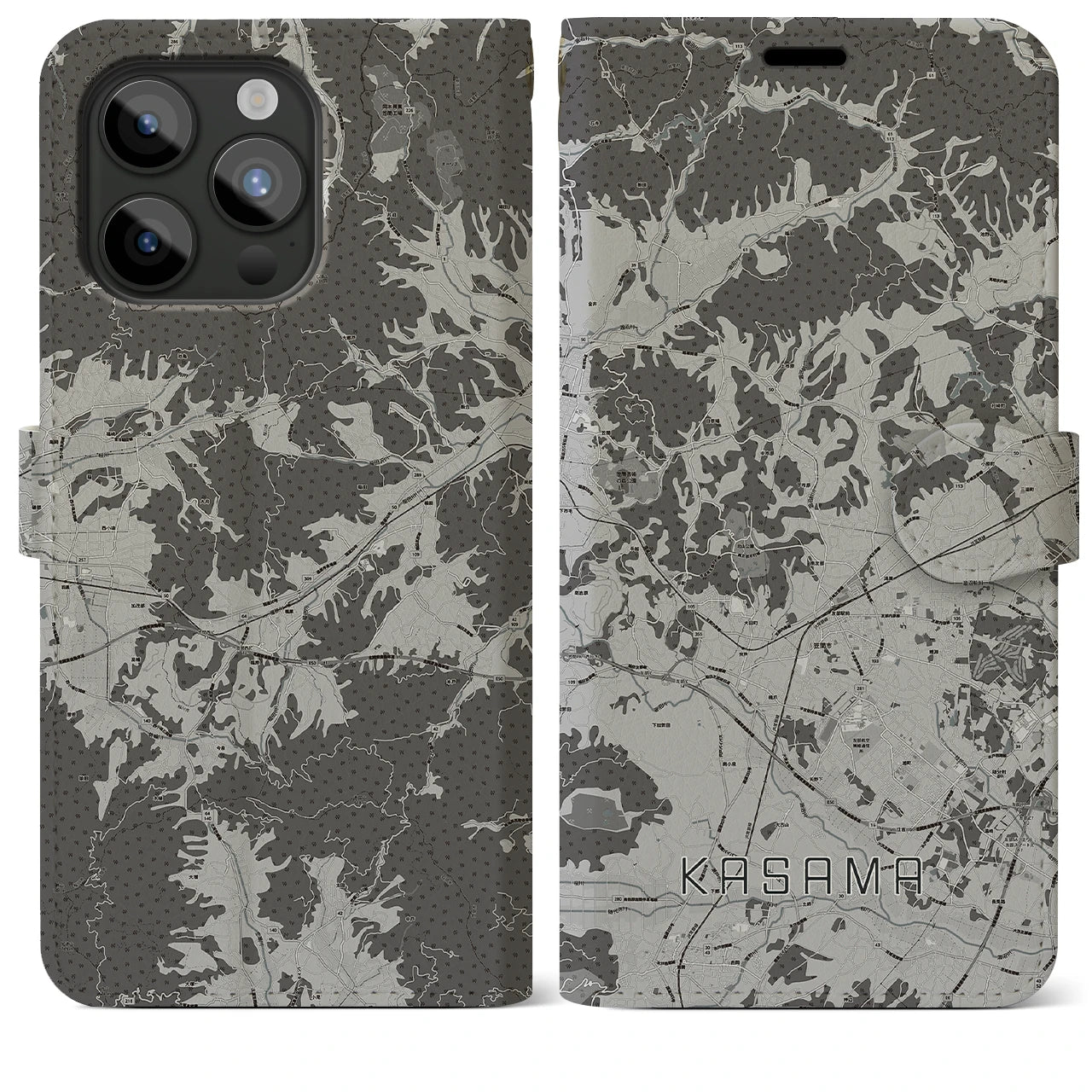 【笠間(茨城県)】地図柄iPhoneケース(手帳タイプ)モノトーン・iPhone 15 Pro Max 用