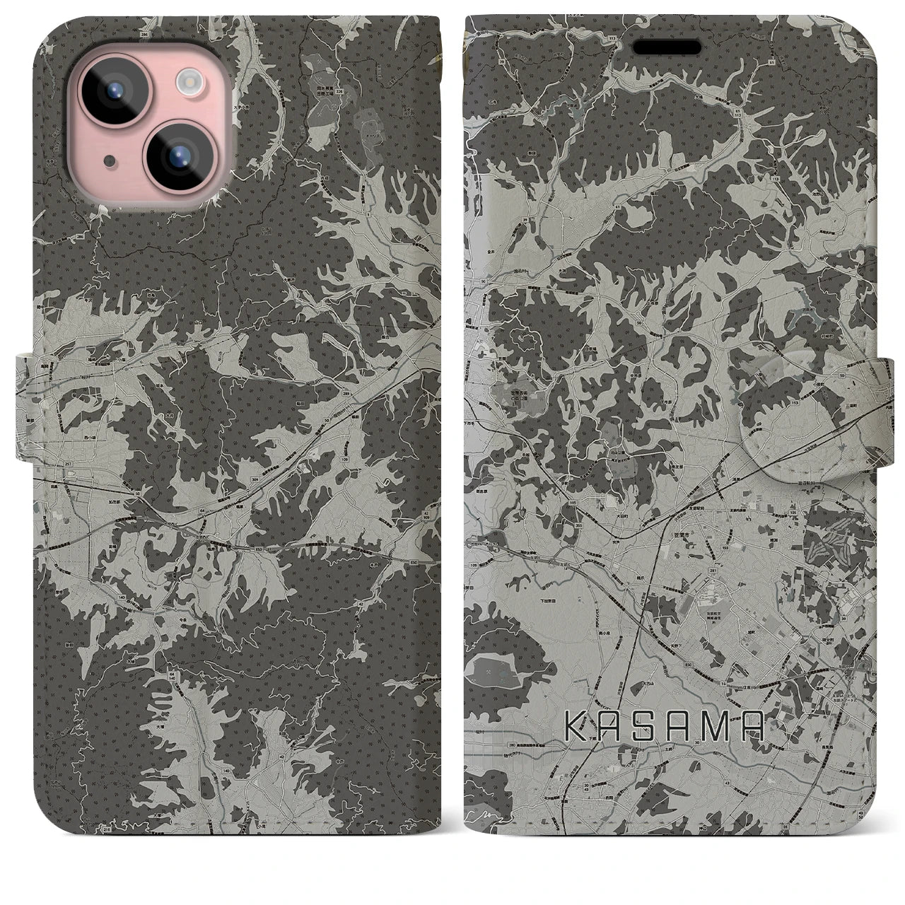 【笠間(茨城県)】地図柄iPhoneケース(手帳タイプ)モノトーン・iPhone 15 Plus 用