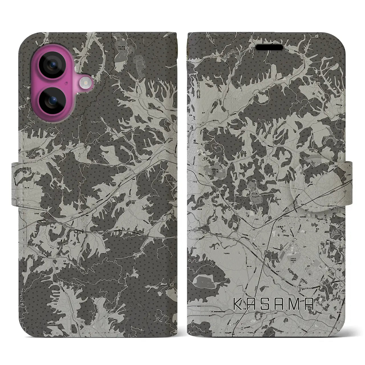 【笠間(茨城県)】地図柄iPhoneケース(手帳タイプ)モノトーン・iPhone 16 Pro 用