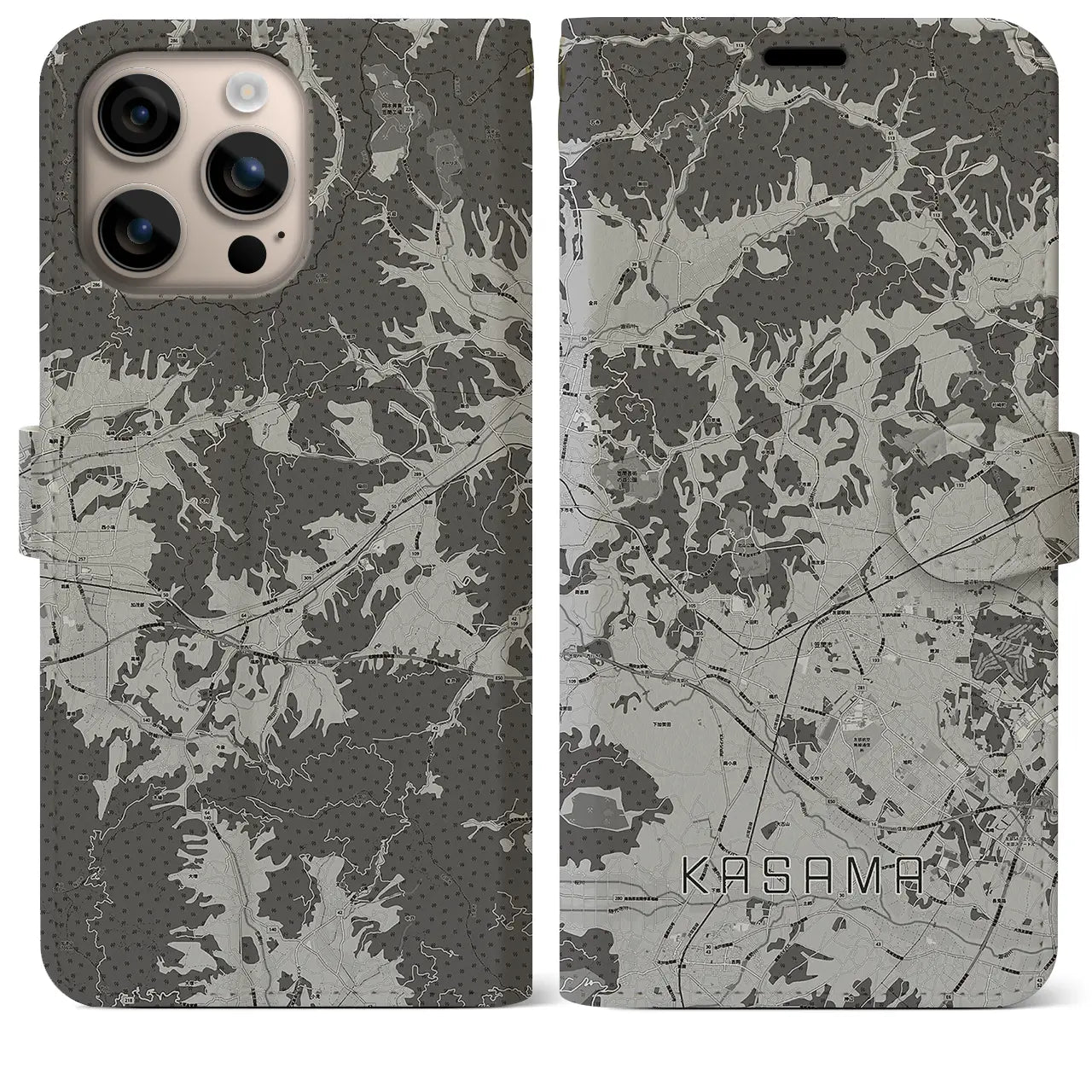 【笠間(茨城県)】地図柄iPhoneケース(手帳タイプ)モノトーン・iPhone 16 Plus 用