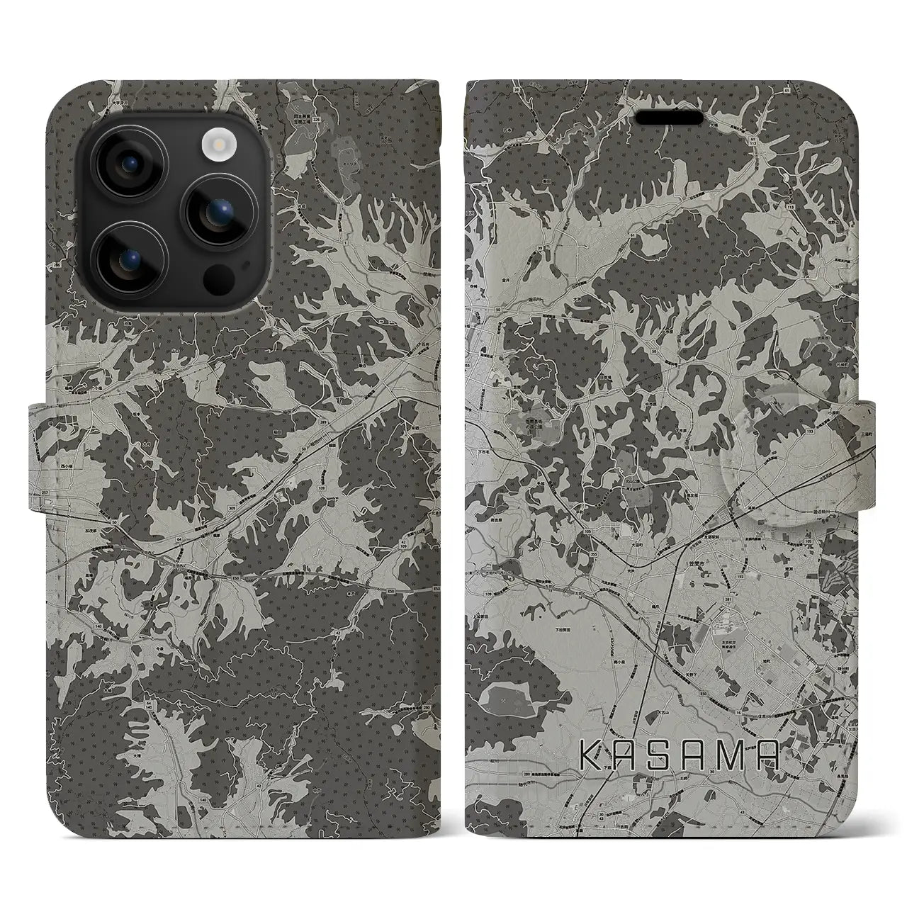 【笠間(茨城県)】地図柄iPhoneケース(手帳タイプ)モノトーン・iPhone 16 用