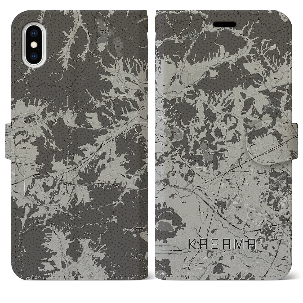 【笠間(茨城県)】地図柄iPhoneケース(手帳タイプ)モノトーン・iPhone XS Max 用