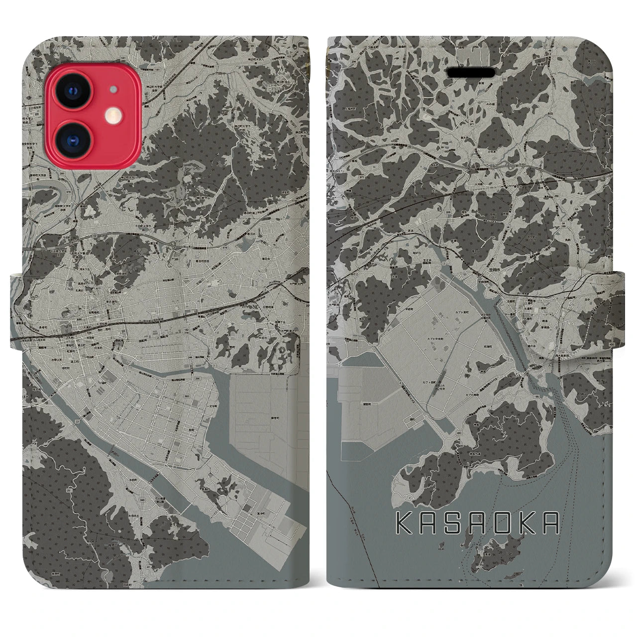 【笠岡(岡山県)】地図柄iPhoneケース(手帳タイプ)モノトーン・iPhone 11 用