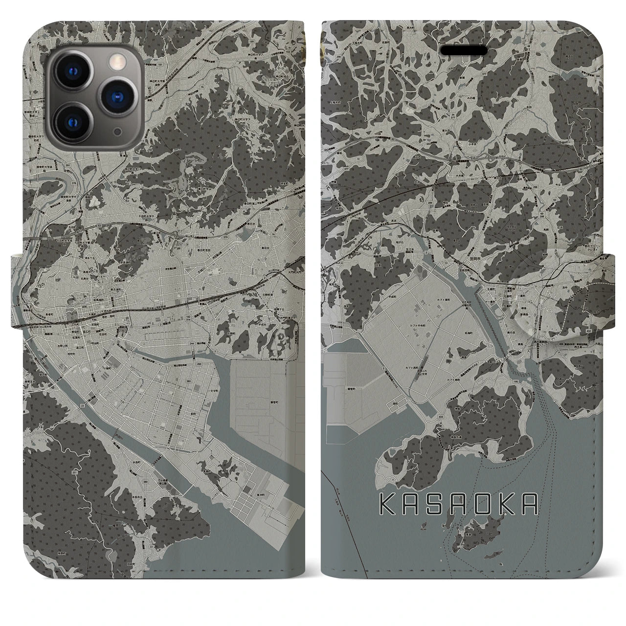 【笠岡(岡山県)】地図柄iPhoneケース(手帳タイプ)モノトーン・iPhone 11 Pro Max 用