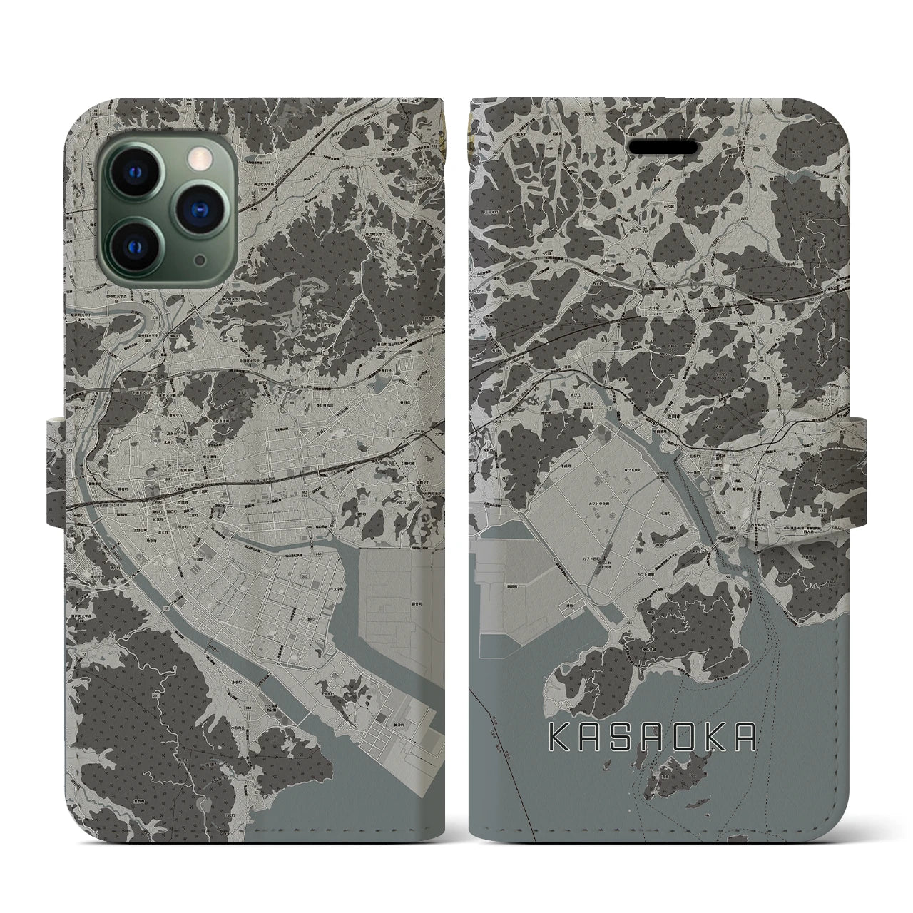 【笠岡(岡山県)】地図柄iPhoneケース(手帳タイプ)モノトーン・iPhone 11 Pro 用