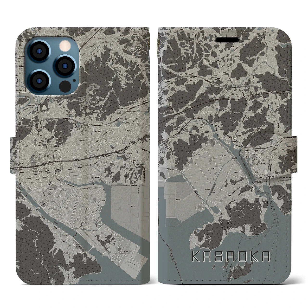 【笠岡(岡山県)】地図柄iPhoneケース(手帳タイプ)モノトーン・iPhone 12 / 12 Pro 用