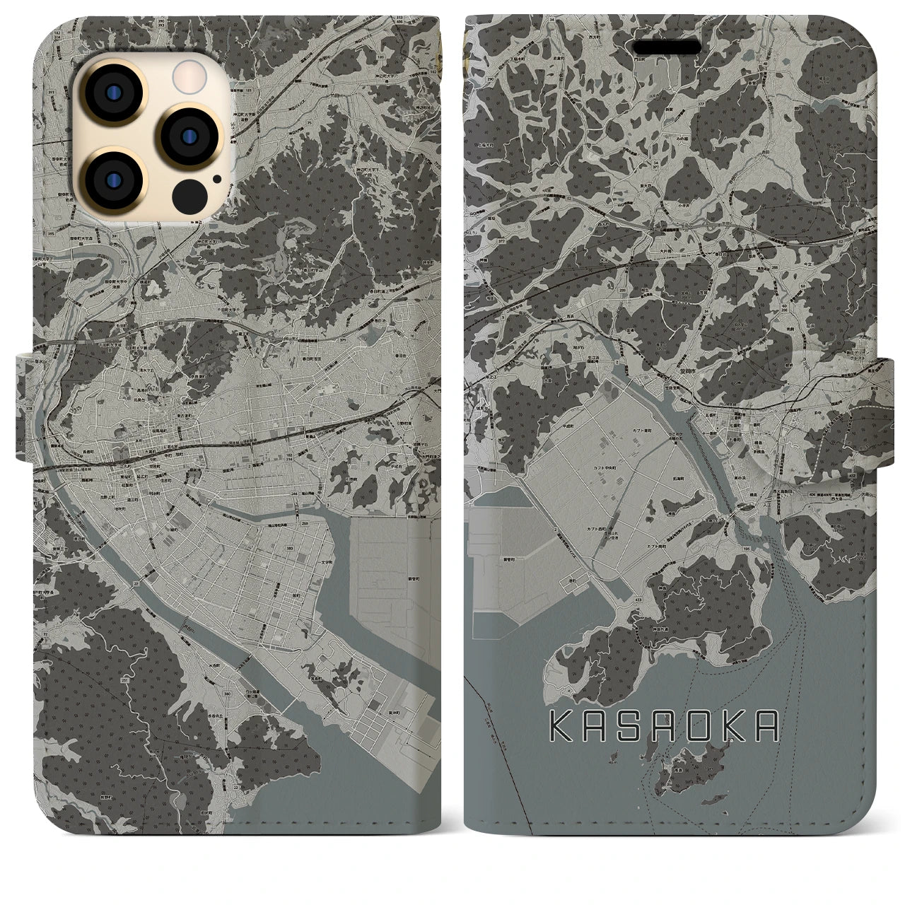 【笠岡(岡山県)】地図柄iPhoneケース(手帳タイプ)モノトーン・iPhone 12 Pro Max 用
