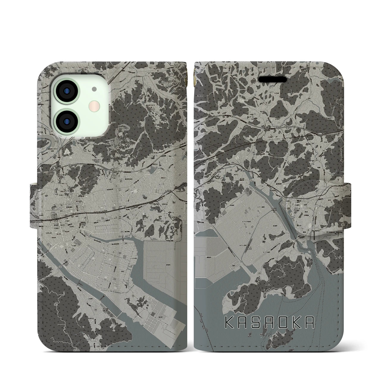 【笠岡(岡山県)】地図柄iPhoneケース(手帳タイプ)モノトーン・iPhone 12 mini 用