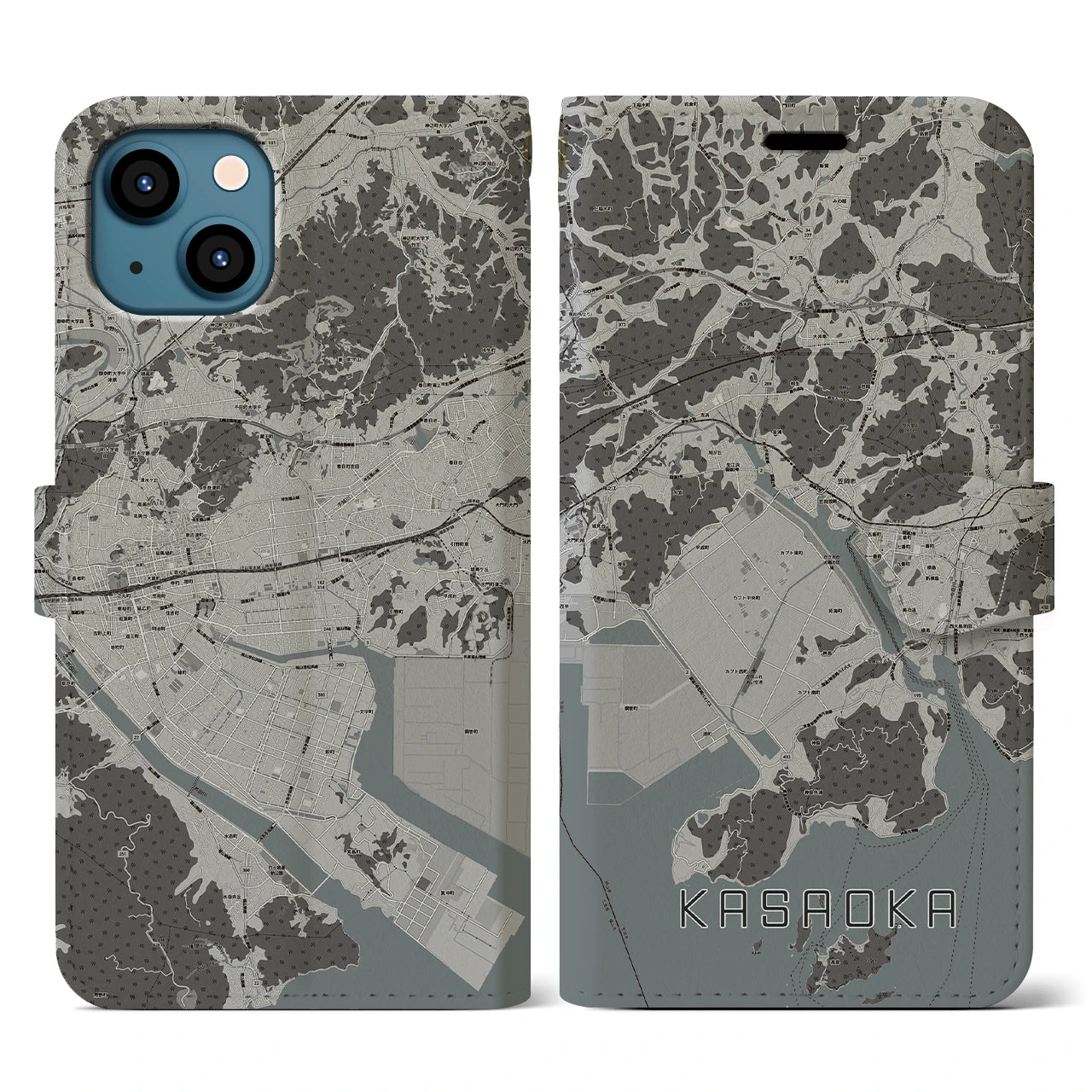 【笠岡(岡山県)】地図柄iPhoneケース(手帳タイプ)モノトーン・iPhone 13 用