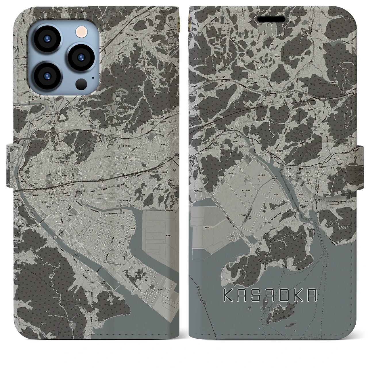 【笠岡(岡山県)】地図柄iPhoneケース(手帳タイプ)モノトーン・iPhone 13 Pro Max 用
