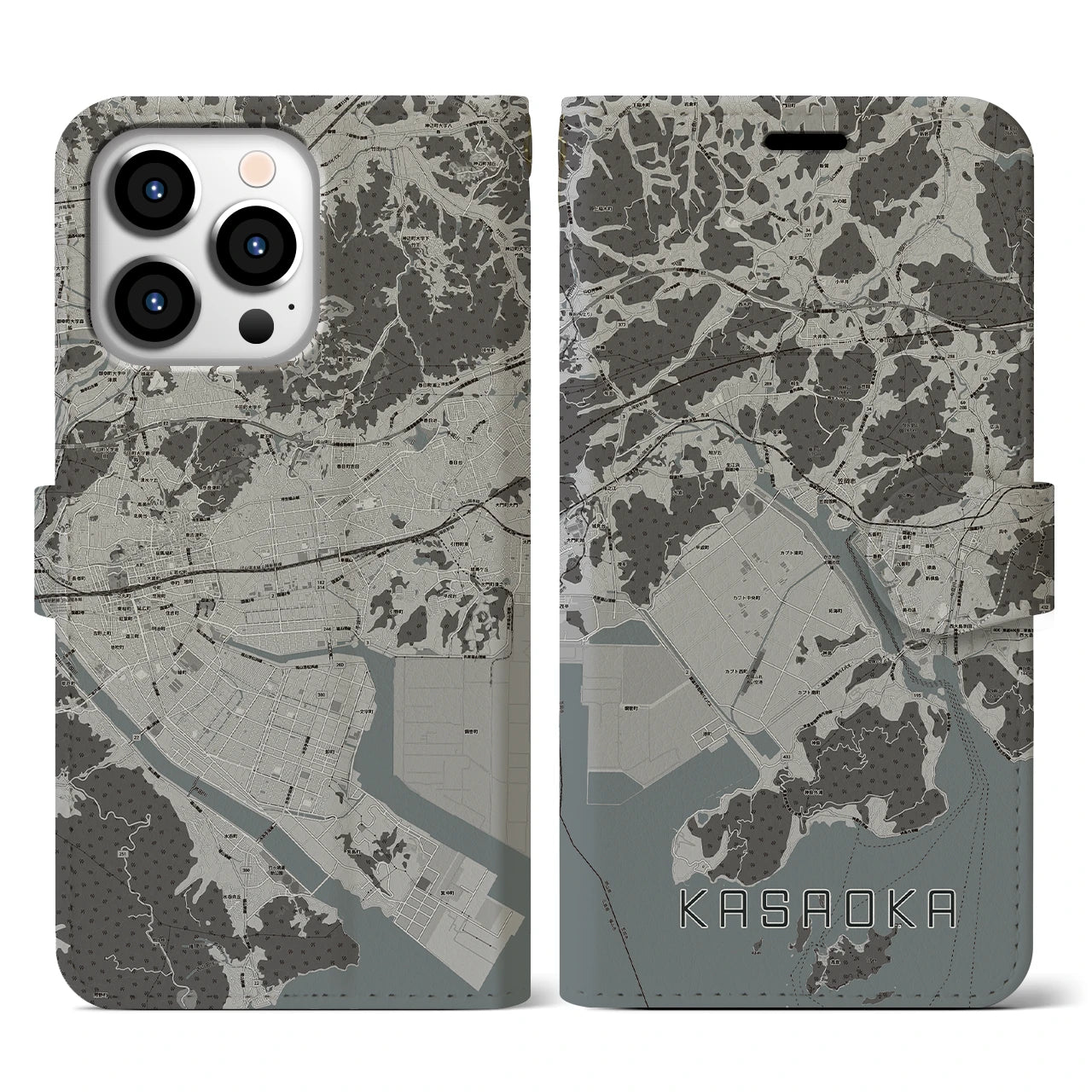 【笠岡(岡山県)】地図柄iPhoneケース(手帳タイプ)モノトーン・iPhone 13 Pro 用