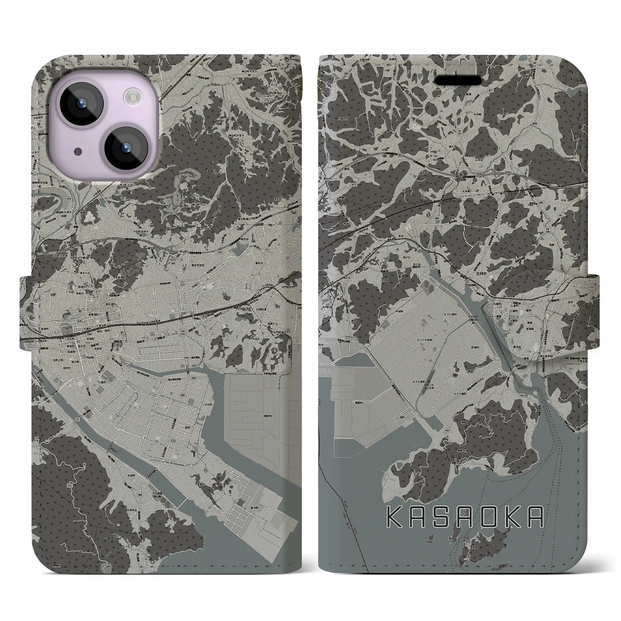 【笠岡(岡山県)】地図柄iPhoneケース(手帳タイプ)モノトーン・iPhone 14 用