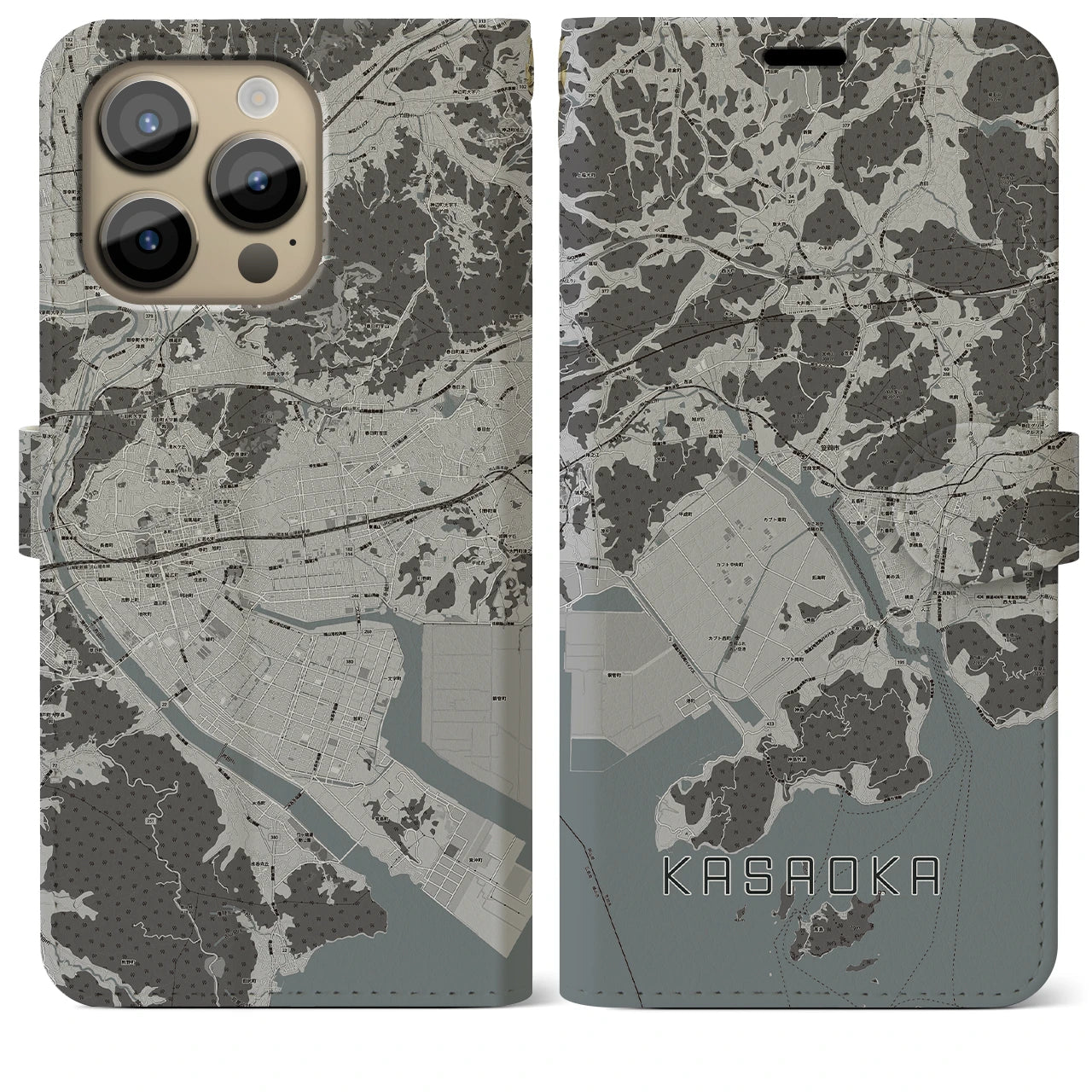 【笠岡(岡山県)】地図柄iPhoneケース(手帳タイプ)モノトーン・iPhone 14 Pro Max 用