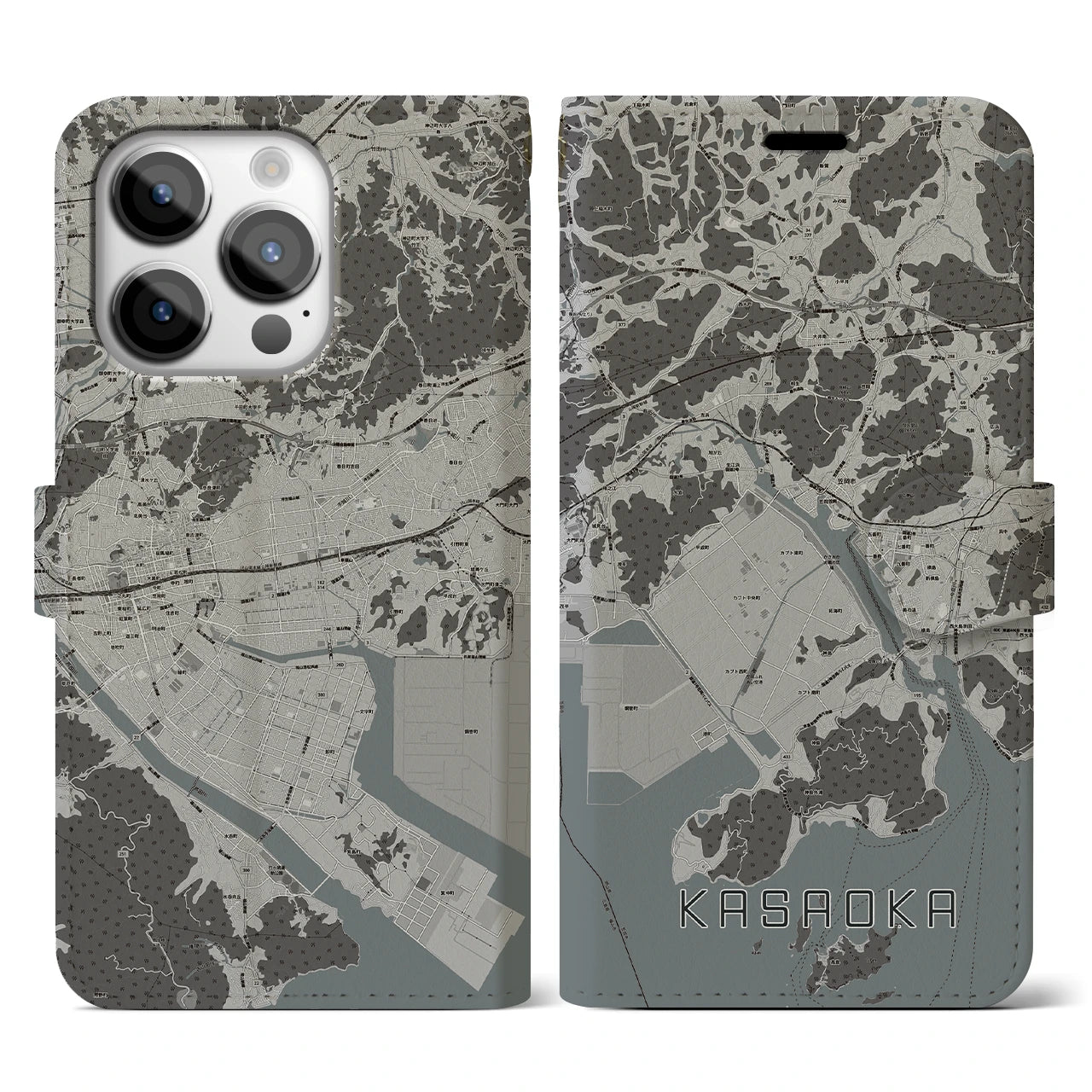 【笠岡(岡山県)】地図柄iPhoneケース(手帳タイプ)モノトーン・iPhone 14 Pro 用