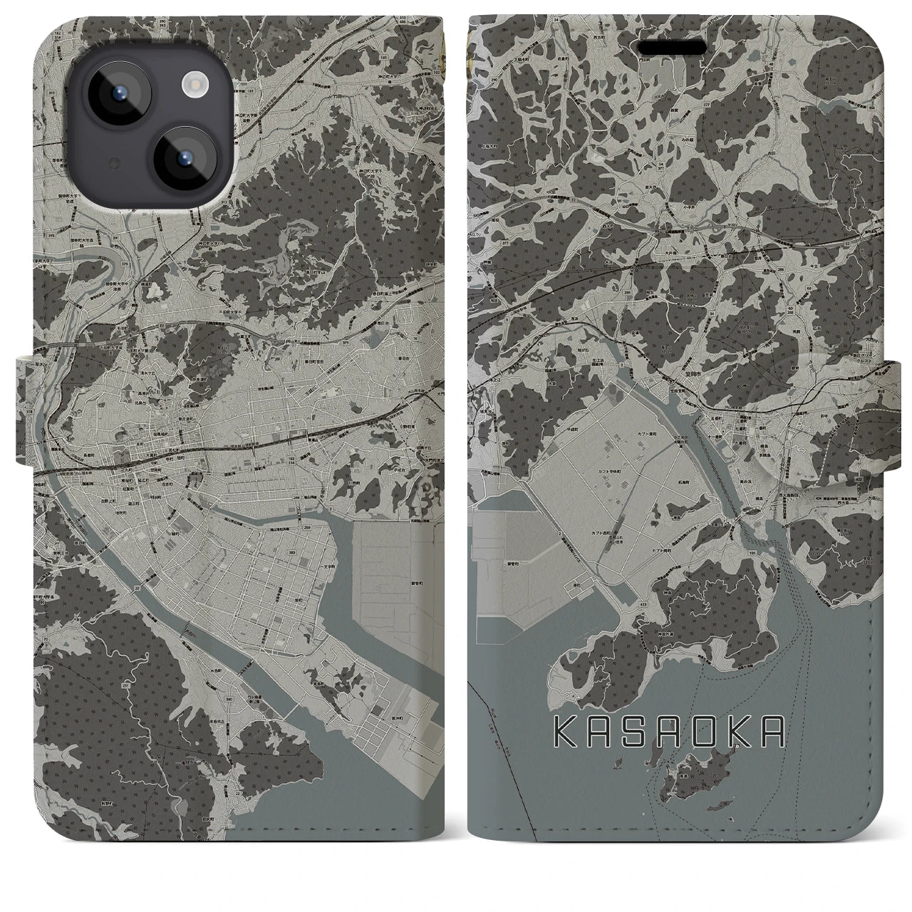 【笠岡(岡山県)】地図柄iPhoneケース(手帳タイプ)モノトーン・iPhone 14 Plus 用