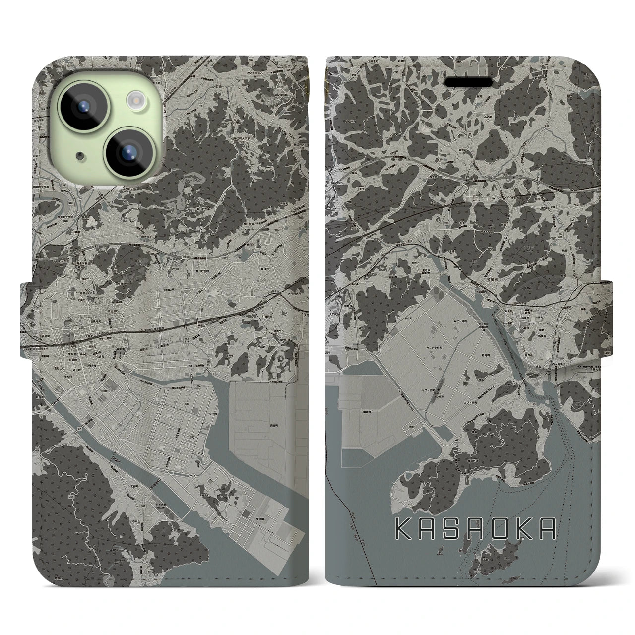 【笠岡(岡山県)】地図柄iPhoneケース(手帳タイプ)モノトーン・iPhone 15 用