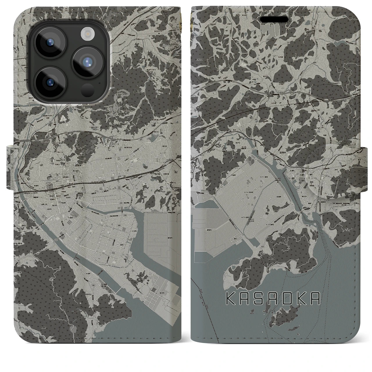 【笠岡(岡山県)】地図柄iPhoneケース(手帳タイプ)モノトーン・iPhone 15 Pro Max 用