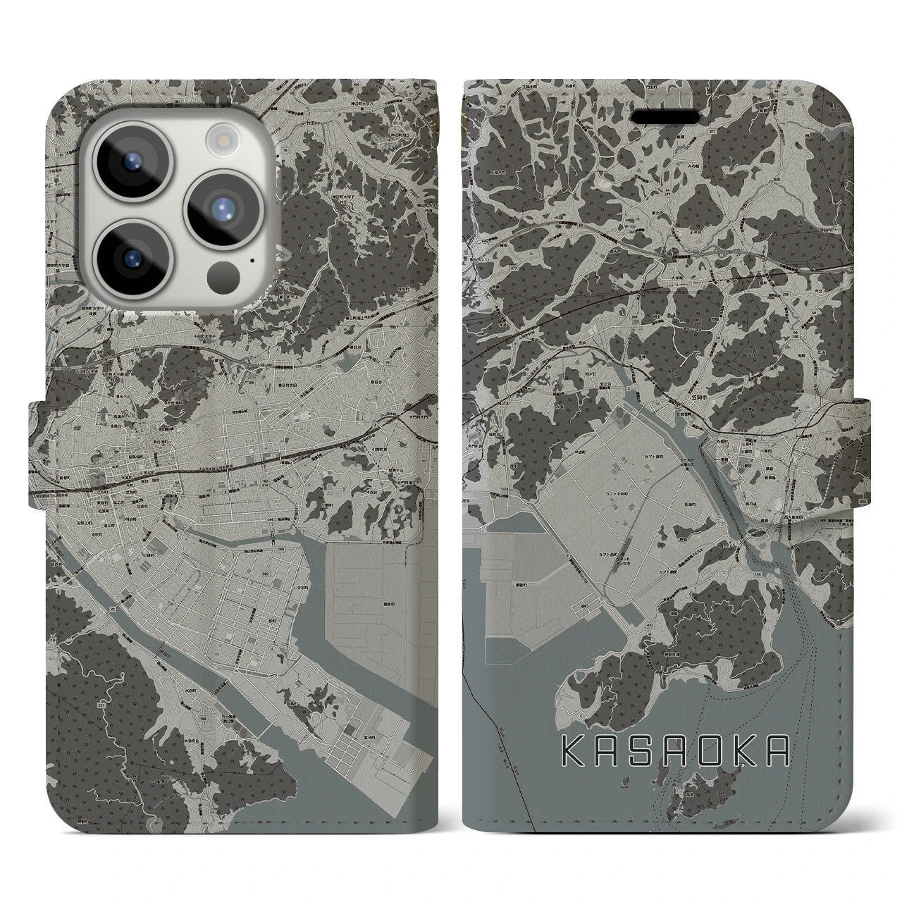 【笠岡(岡山県)】地図柄iPhoneケース(手帳タイプ)モノトーン・iPhone 15 Pro 用