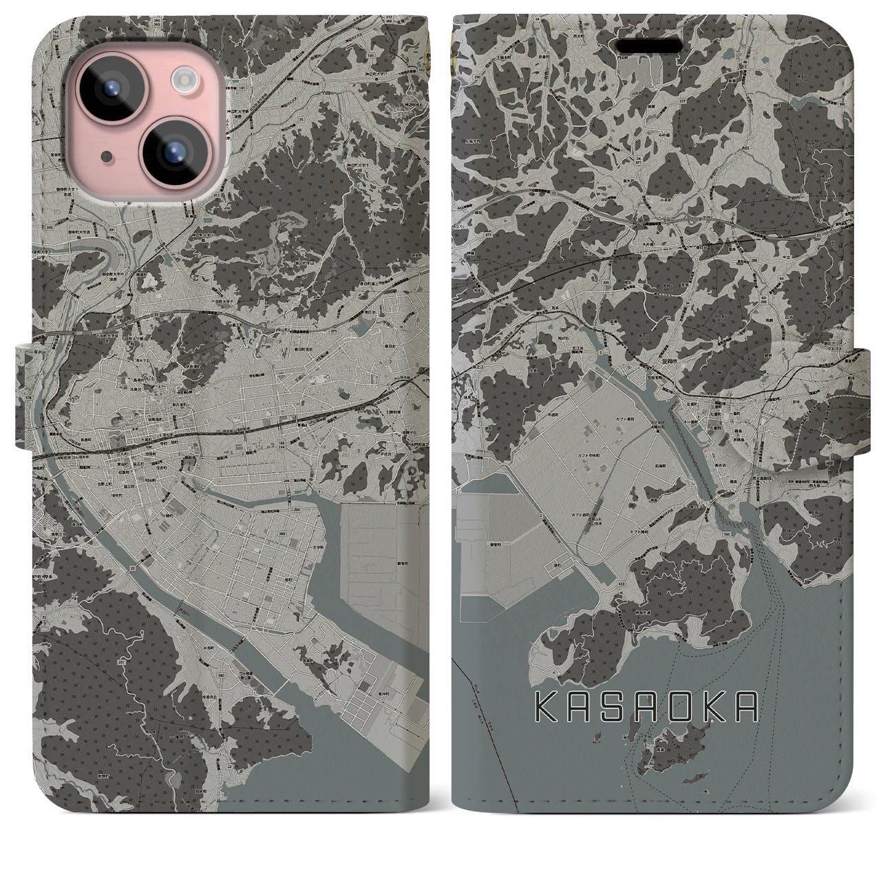 【笠岡(岡山県)】地図柄iPhoneケース(手帳タイプ)モノトーン・iPhone 15 Plus 用