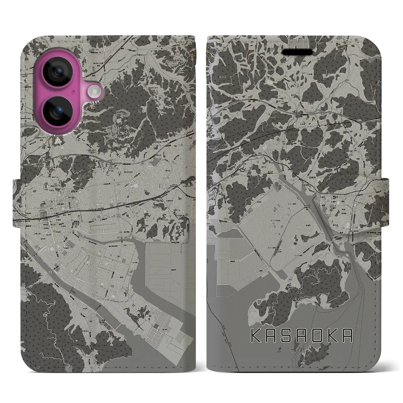 【笠岡(岡山県)】地図柄iPhoneケース(手帳タイプ)モノトーン・iPhone 16 Pro 用