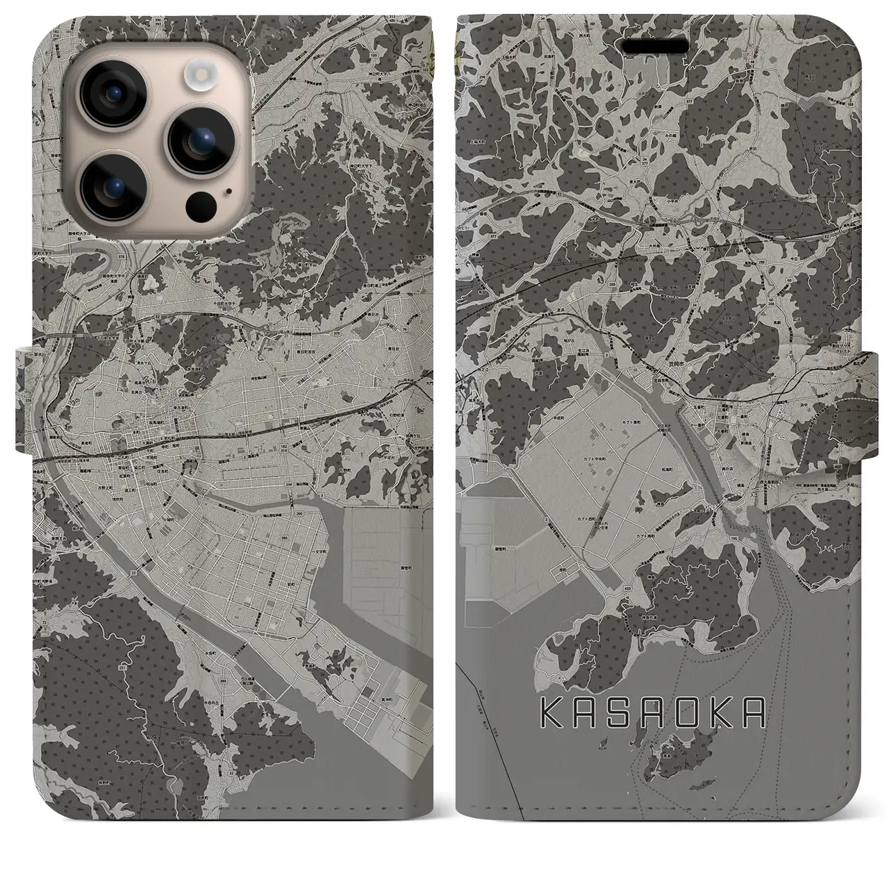 【笠岡(岡山県)】地図柄iPhoneケース(手帳タイプ)モノトーン・iPhone 16 Plus 用