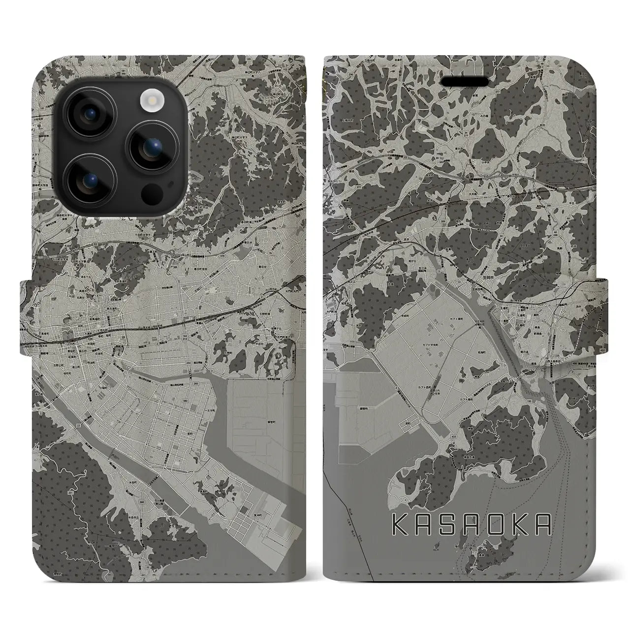 【笠岡(岡山県)】地図柄iPhoneケース(手帳タイプ)モノトーン・iPhone 16 用