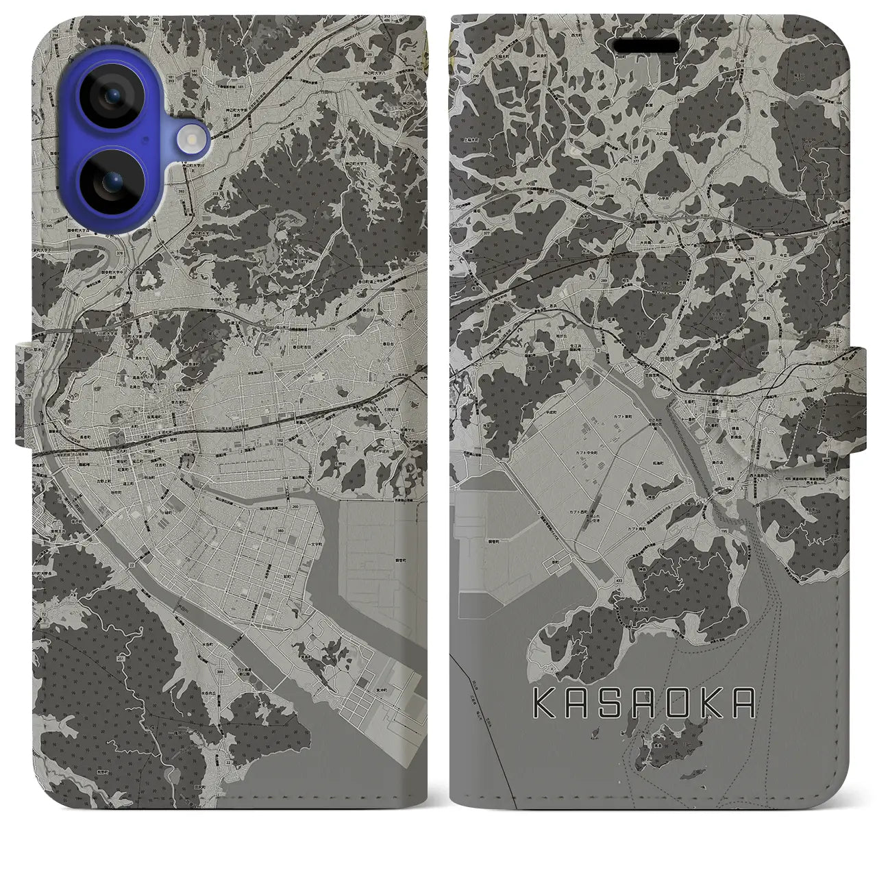 【笠岡(岡山県)】地図柄iPhoneケース(手帳タイプ)モノトーン・iPhone 16 Pro Max 用