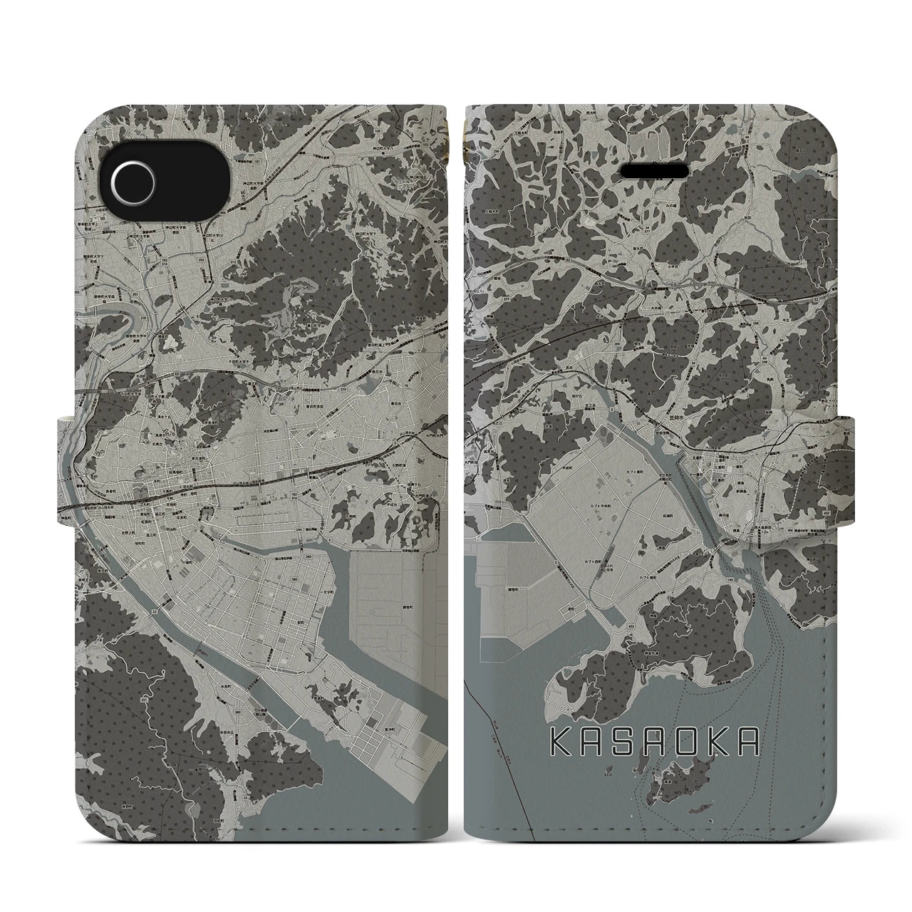 【笠岡(岡山県)】地図柄iPhoneケース(手帳タイプ)モノトーン・iPhone SE(第3 / 第2世代) / 8 / 7 / 6s / 6 用