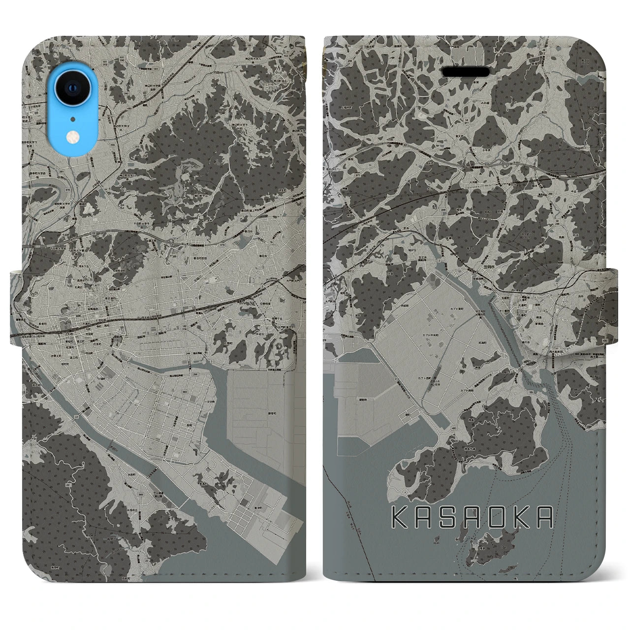 【笠岡(岡山県)】地図柄iPhoneケース(手帳タイプ)モノトーン・iPhone XR 用