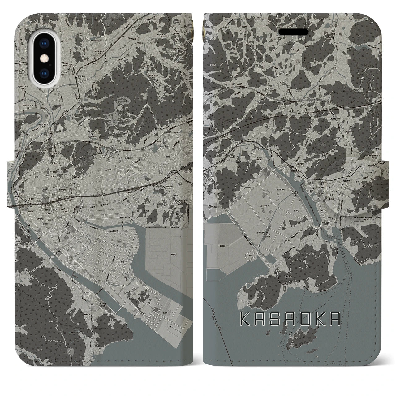 【笠岡(岡山県)】地図柄iPhoneケース(手帳タイプ)モノトーン・iPhone XS Max 用