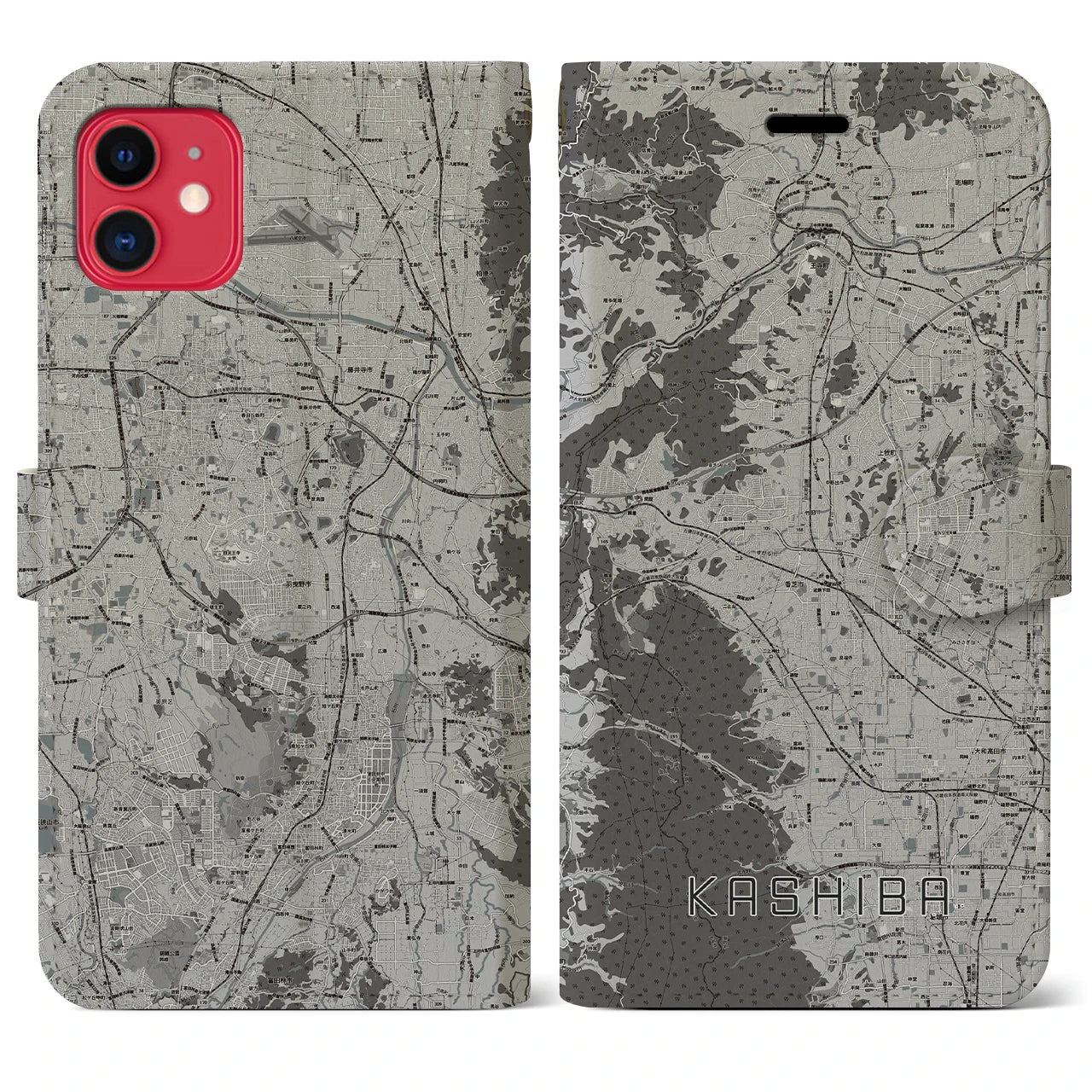 【香芝(奈良県)】地図柄iPhoneケース(手帳タイプ)モノトーン・iPhone 11 用