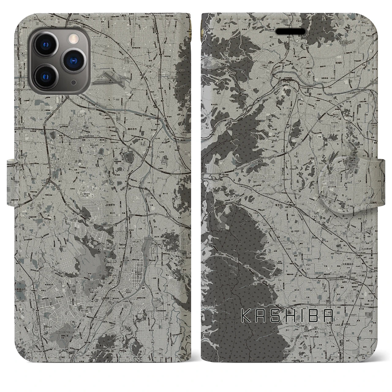 【香芝(奈良県)】地図柄iPhoneケース(手帳タイプ)モノトーン・iPhone 11 Pro Max 用