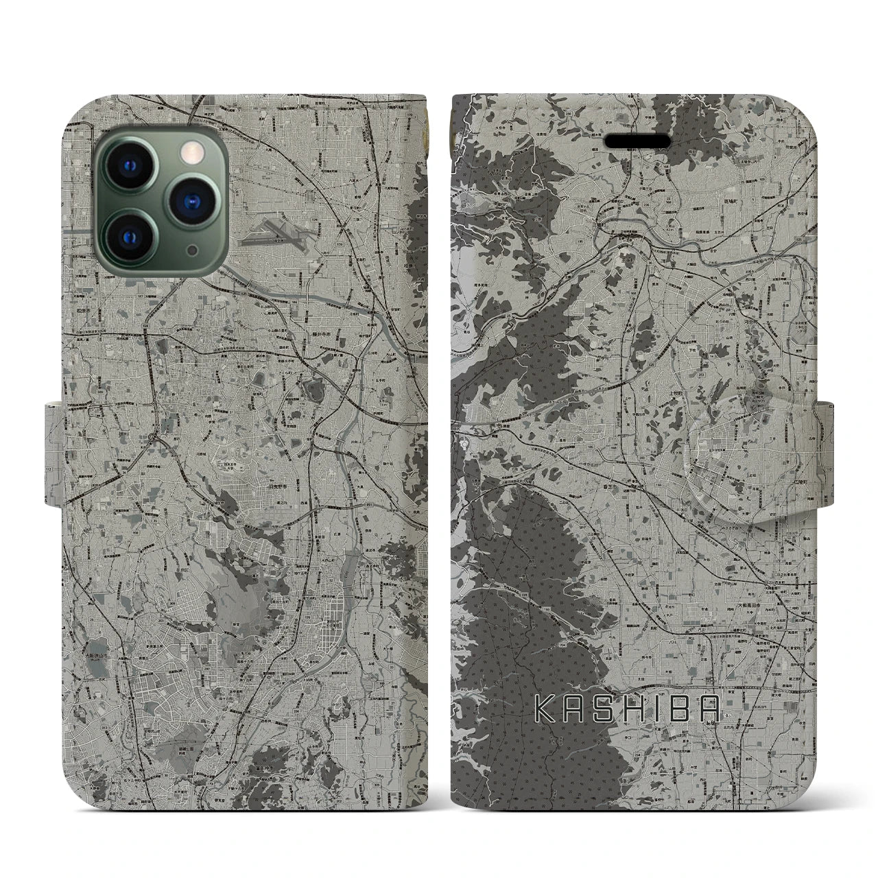 【香芝(奈良県)】地図柄iPhoneケース(手帳タイプ)モノトーン・iPhone 11 Pro 用