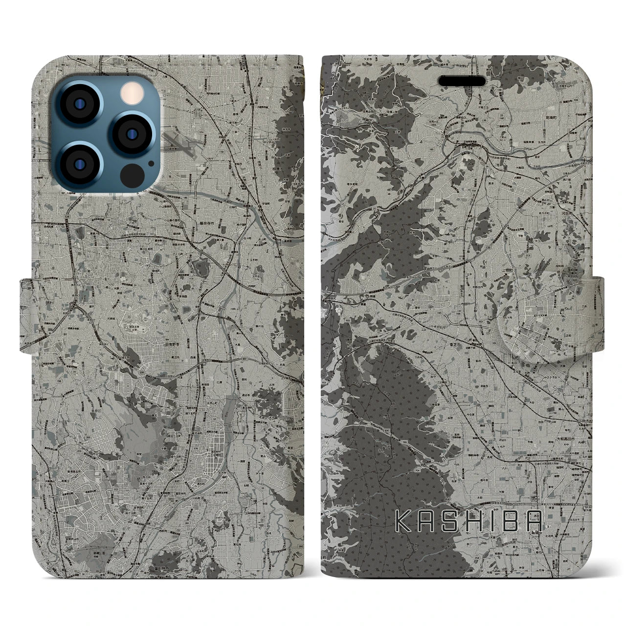 【香芝(奈良県)】地図柄iPhoneケース(手帳タイプ)モノトーン・iPhone 12 / 12 Pro 用